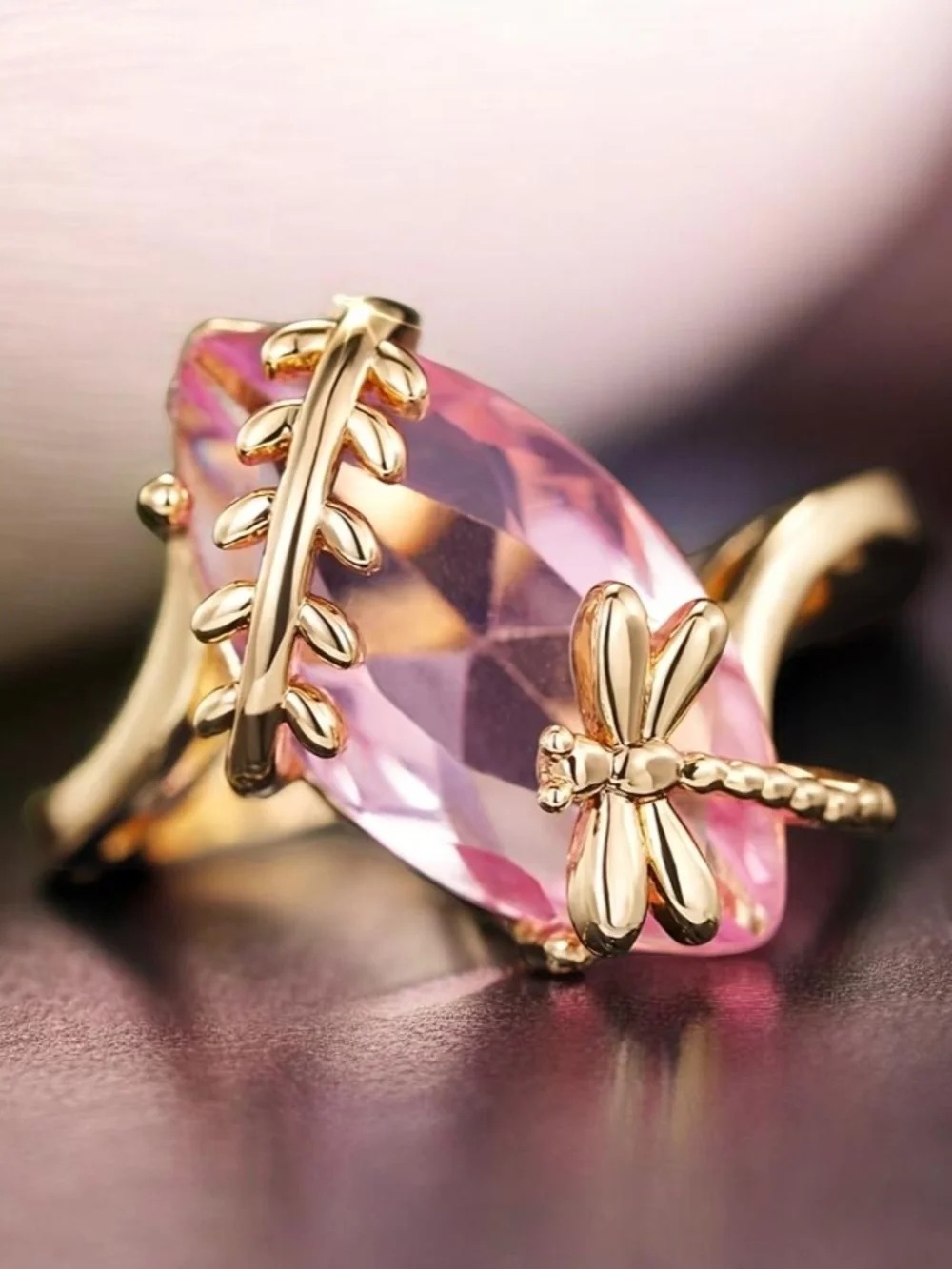 Gold Dragonfly Ring with Pink Marquise Crystal CHUNKY & Bold - Picture 7 of 9
